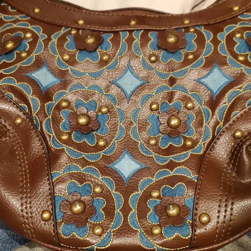 Vintage Brown Hobo Purse with‎ Turquoise Floral Embroidered Cutouts and Studs
